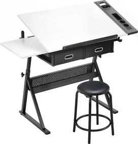 HOMCOM Mesa de desenho com banco e 2 gavetas, altura ajustável, tampo inclinável 0° a 60°, 120 x 60 x 68-92 cm, branco | Aosom Portugal