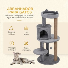 Árvore Arranhador para Gatos com Plataforma Caverna Postes de Sisal e Bola Suspensa 48x48x104 cm Cinza