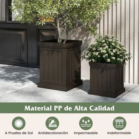 Conjunto de 2 vasos quadrados para flores de plástico com orifícios de drenagem e design empilhável para varanda, jardim Castanho
