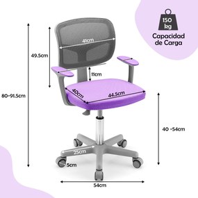 Cadeira infantil de escrivaninha ergonómica para crianças com rodas, trava de pressão, cadeira giratória para computador, altura ajustável, suporte lombar Púrpura