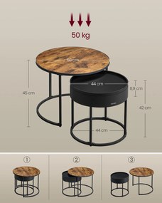 Conjunto de 2 mesas de centro redondas castanho vintage + Preto