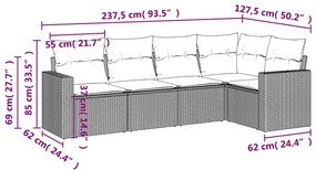 5 pcs conj. sofás jardim c/ almofadões vime PE cinzento-claro