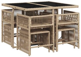 9 pcs conj. jantar jardim c/ almofadões vime PE bege misturado