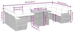 11 pcs conjunto sofás de jardim c/ almofadões vime PE preto