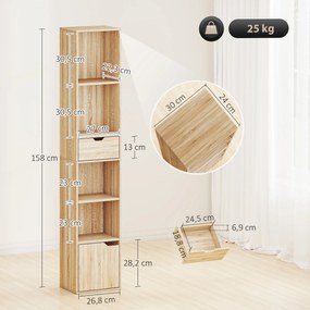 Biblioteca, estante para livros 30 x 24 x 158 cm, móvel de arrumação com gaveta, armário e compartimentos abertos, cor natural