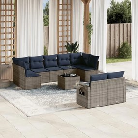 vidaXL 10 pcs conjunto sofás p/ jardim c/ almofadões vime PE cinzento
