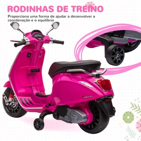 Moto Elétrica para Crianças com Licença Vespa 6V com USB MP3 Luz LED Rádio FM  Velocidade 3 km/h 107x47x73 cm Rosa