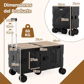 Carrinho utilitário grande com caixas de armazenamento de 2 níveis, 5 rodas, carrinho portátil dobrável para compras, campismo, Preto