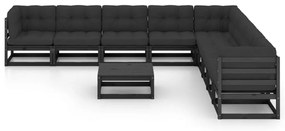 10 pcs conjunto longue jardim c/ almofadões pinho maciço preto