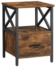 Mesa de cabeceira com prateleira aberta e gaveta | VASAGLE | 40 x 40 x 55 cm | castanho rústico e preto | LET508B01.