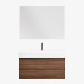 Conjunto De Móvel De Casa De Banho Em Madeira E Chapa De Freixo Com Lavatório Integrado Ona Madeira Escura & Retangular Led - Sklum