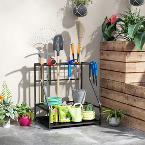 Organizador de Ferramentas de Jardim de 3 Níveis para Garagem com Ganchos para Pás Ancinhos Vassouras 84x53x73 cm Preto