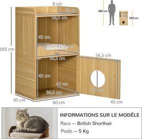 Casa de higiene para gatos com 3 níveis, compartimento fechado por uma porta,1 almofada, 60 x 45 x 103 cm