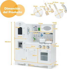 Cozinha de brincar para crianças em madeira com acessórios Telefone, lava-loiça, forno, frigorífico, refrigerador, dispensador de água, luz e som Bran