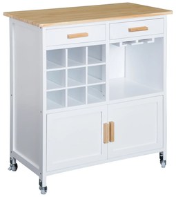 HOMCOM Carrinho de Cozinha Auxiliar com Rodas Carrinho de Cozinha com 2 Gavetas Suporte para 9 Garrafas Suporte para Taças Prateleira Aberta e Armário 76x40x88cm Branco