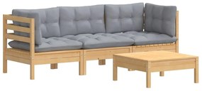 4 pcs conjunto lounge de jardim c/ almofadões cinzentos pinho