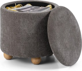 Banco redondo com arrumação 35 L oculta estofado em chenille, tampo removível e pernas de madeira para sala ou quarto cinzento