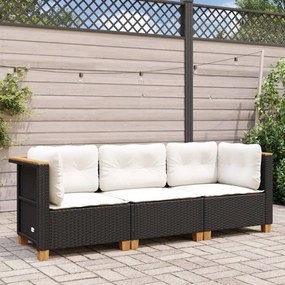 Sofá de jardim 3 lugares com almofadões vime PE preto
