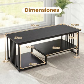 Mesa de centro retangular 110 x 60 x 45 cm com 2 prateleiras de arrumação, Estrutura metálica resistente, mesa moderna para sala de estar Preta