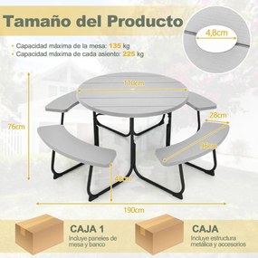 Conjunto de jardim para 8 pessoas com mesa e 4 bancos, orifício para guarda-sol e mesa de campismo redonda para piquenique no jardim Carga 225 kg Cinz