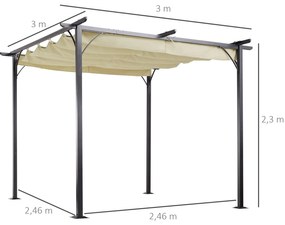 Pérgola para Jardim 3x3m com Telhado Retrátil Tecido de Poliéster Resistente à Água e UV 5 bege e preto