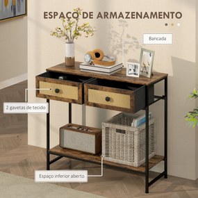 Mesa Consola Móvel de Entrada com Prateleira Aberta 2 Gavetas Frente em Vime Consola de Entrada 80x30x75 cm Castanho Rústico