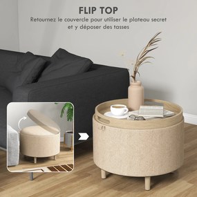 Pufe redondo, apoio para os pés 56 L x 56 P x 42 A cm e banco com compartimento de arrumação, tabuleiro reversível, móvel 3 em 1 com pernas em madeira