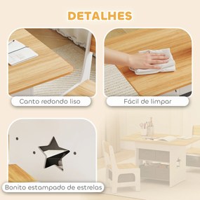 Mesa Infantil com 2 Cadeiras Mesa e Cadeiras para Crianças com 6 Gavetas de Tecido Desenho Estrelas Madeira e Branco