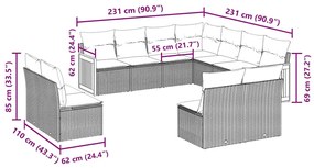 11 pcs conjunto sofás de jardim c/ almofadões vime PE preto