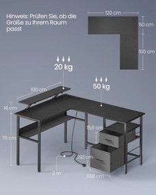 Secretária em forma de L com tomadas e Com iluminação LED Preta