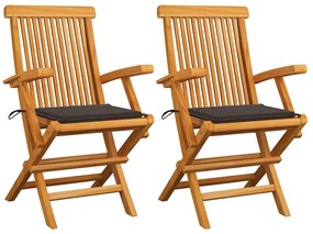 Cadeiras de jardim c/ almofadões cinza-acast. 2 pcs teca maciça