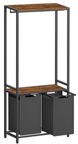 Cesto de roupa suja VASAGLE de 2 seções com 2 prateleiras, forros removíveis e cabideiro, 2 x 12,1 galões, 28,7 x 13 x 69,7 polegadas, marrom rústico e preto BLH231B02