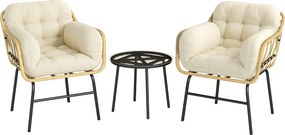 Outsunny Conjunto de Jardim 3 Peças em Vime PE com 2 Cadeiras com Almofadas e Mesa com Vidro Temperado Caqui | Aosom Portugal