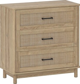 HOMCOM Cômoda 3 Gavetas em Vime, Móvel de Armazenamento, Cômoda, Pés em Madeira Maciça, Estilo Boêmio, 76x35x76cm, Carvalho | Aosom Portugal