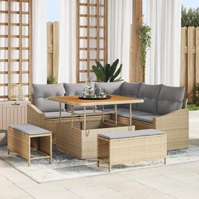 Conjunto de Sofá de Jardim com 8 Peças com Almofadas Bege Vime Sintético Acácia