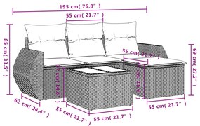 5 pcs conjunto sofás p/ jardim c/ almofadões vime PE castanho