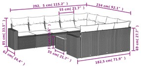 11 pcs conjunto sofás de jardim c/ almofadões vime PE preto