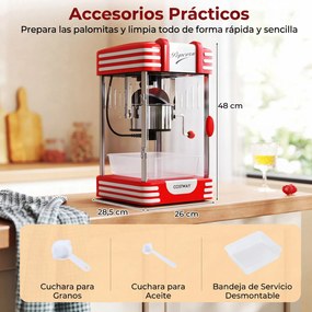 Máquina de Pipocas Vintage de Bancada, 28,5 x 26 x 48 cm, Capacidade de 100 g, Vermelho