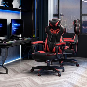 Cadeira de gaming ergonómica, cadeira de escritório confortável com apoio para os pés, apoio para a cabeça e almofada lombar, altura ajustável, preta