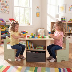 Conjunto de mesa e 2 cadeiras infantis, mesa de atividades com gavetas, tecido, dobrável, compartimentos de arrumação para crianças a partir dos 3 ano