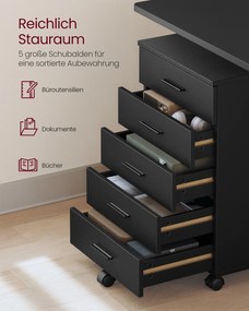 Bloco Gavetas escritorio com rodas 40 x 42 x 65,7 cm, 5 gavetas, corrediças sem parafusos, Preto