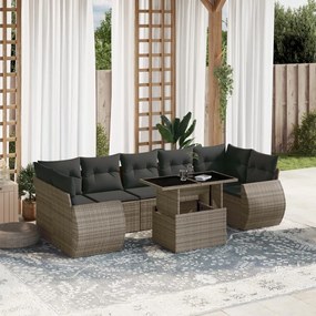 8 pcs conjunto sofás de jardim c/ almofadões vime PE cinzento
