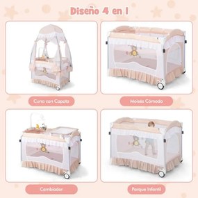 Berço de viagem dobrável para bebés de 0 a 36 meses com toldo Trocador Brinquedo Rodas com travões Saco de transporte Rosa claro