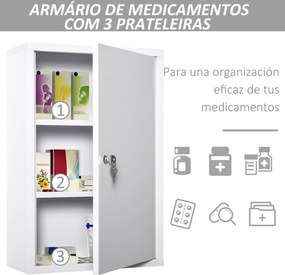 Armário Farmácia de Parede com 3 Prateleiras de Armazenamento e Fechadura com 2 Chaves 40x18x60cm Branco