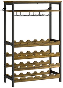 HOMCOM Suporte para Vinho para 24 Garrafas Estilo Industrial com Suporte para Copos e Prateleira Aberta 66x30x100,3 cm Castanho Rústico | Aosom Portugal