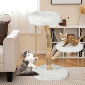 Árvore para gatos 50 x 90 cm com Centro de atividades para gatos em madeira maciça com postes para arranhar em juta natural Natural e branco