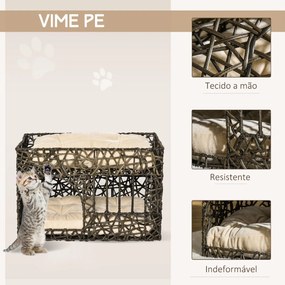 Cesta de Vime para Gatos de 2 Alturas Cama Caverna de Gatos com 2 Almofadas Suaves e Janela 56x41x45cm Café Escuro