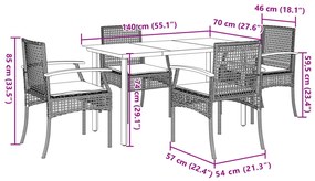5 pcs conjunto de jantar p/ jardim com almofadões vime PE bege