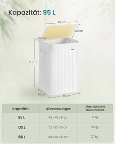 Cesto para roupa suja em bambu 40 x 40 x 61 cm branco