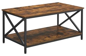 Mesa de centro (100 x 55 x 45 cm), armação em X, prateleira, castanho rústico/preto, estilo farmhouse industrial